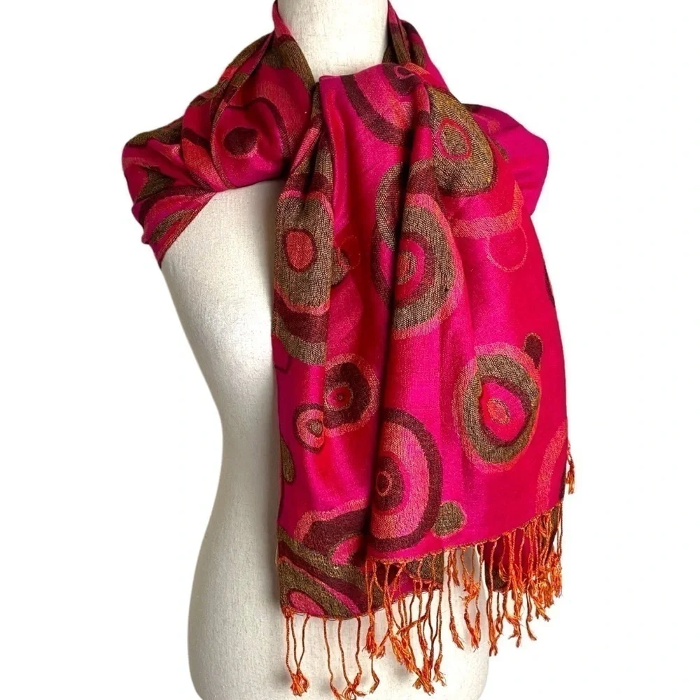 Pashmina silk Reversible Circle Dots‎ fringed pink brown Gold Scarf Approx 69x27